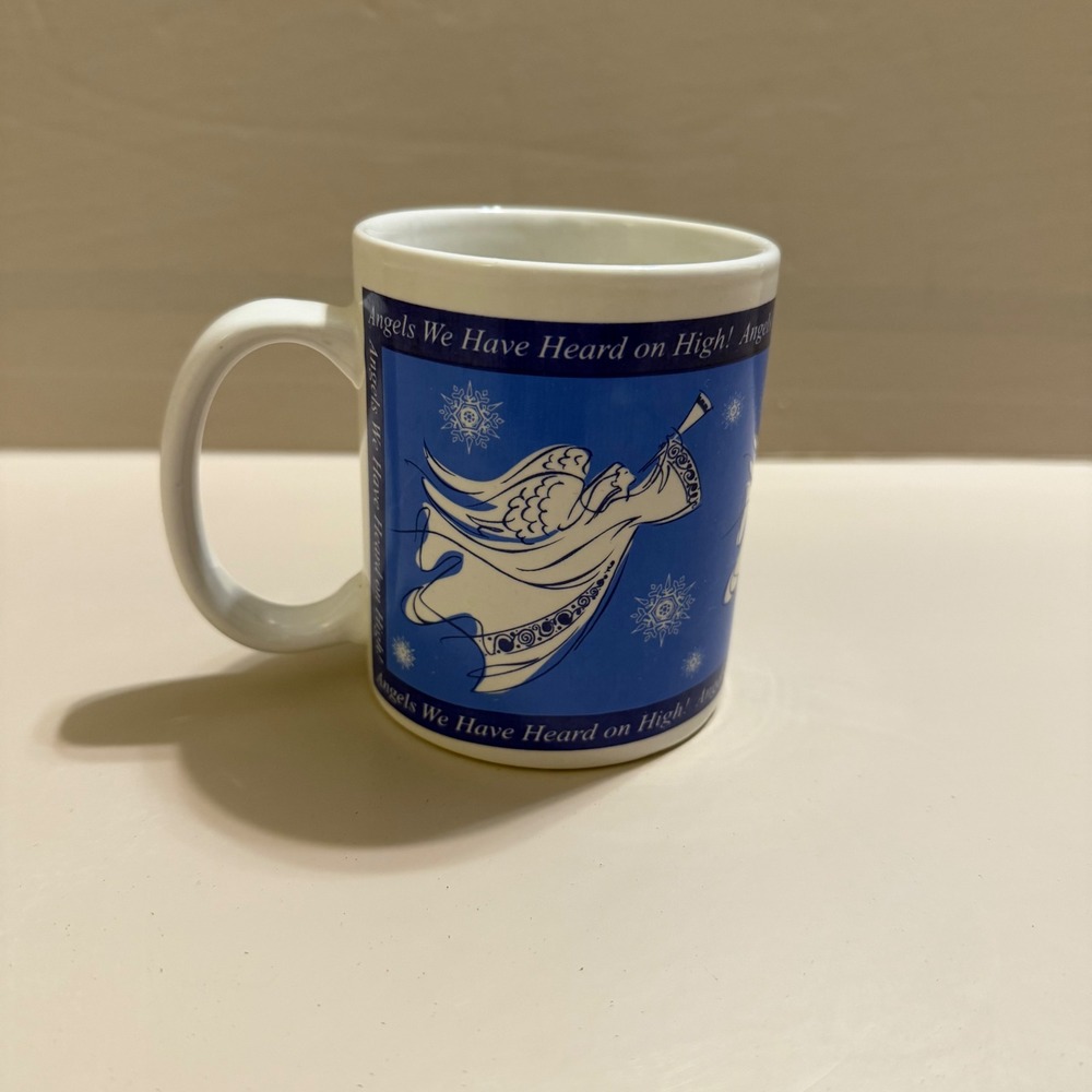 Houston Harvest Angels We Have Heard on High Christmas Coffee Mug Blue White